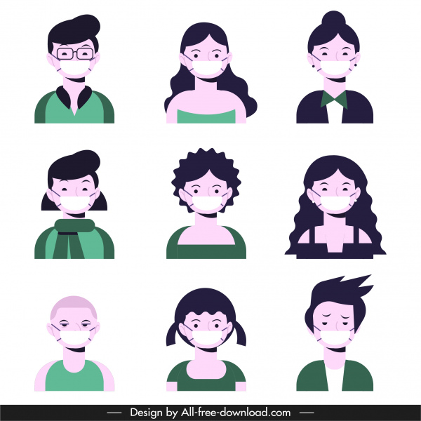 covid 19 avatars icônes masquant les visages croquis
