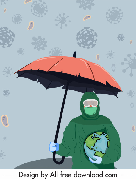 covid 19 Banner mưa virus bảo vệ trái đất phác họa