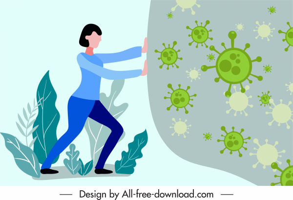 covid 19 banner mulher empurrando design de desenho animado vírus
