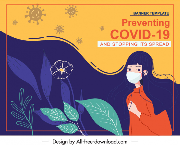 แบนเนอร์โรคระบาด COVID คลาสสิก handdrawn สาวร่างพืช