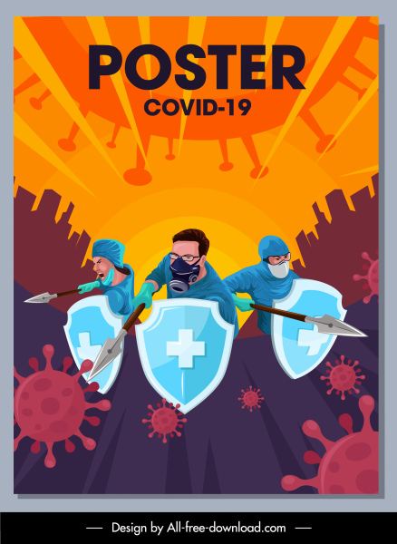 Covid эпидемии плакат борьбы врачи вирус иконы эскиз