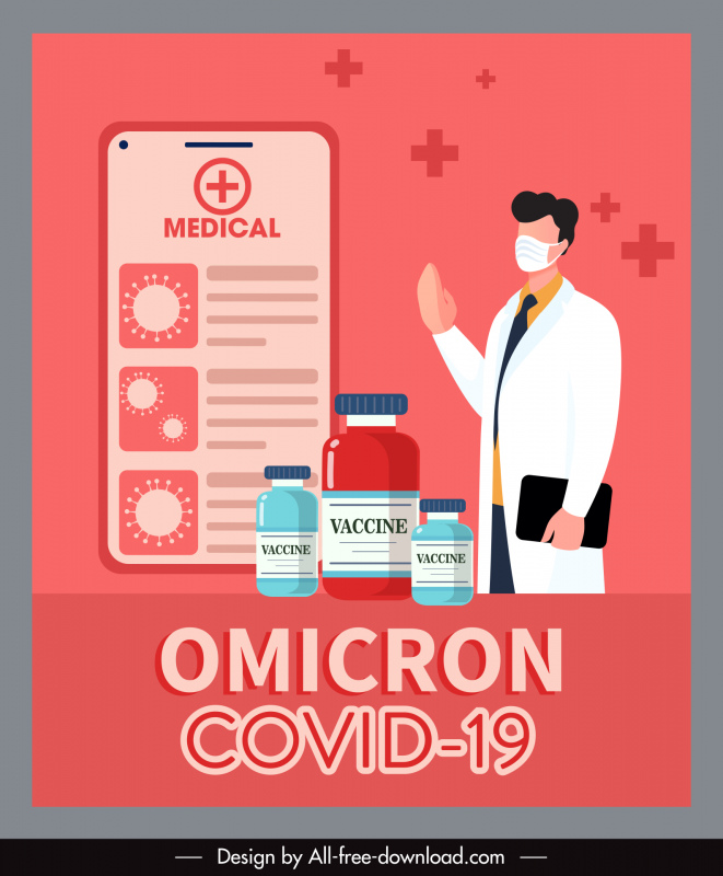 covid-19 omikron poster şablonu doktor tıp ilaçları eskiz