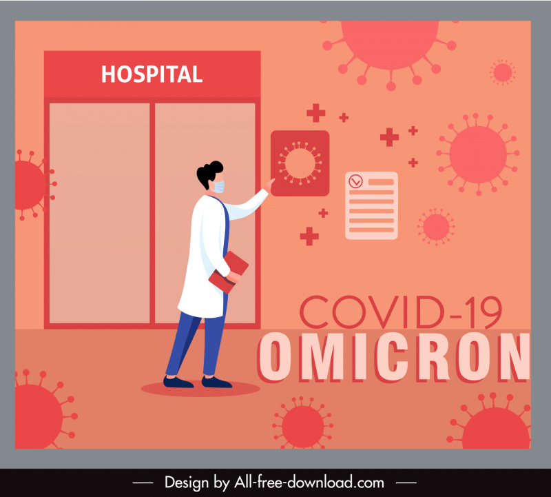 covid-19 omikron poster şablonu doktor virüsler hastane karikatür eskiz