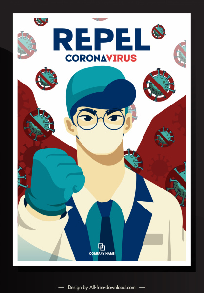 covid 19 ملصق طبيب الفيروسات رسم تصميم الرسوم المتحركة