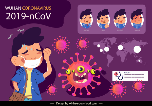 Covid 19 affiche patient symptôme stylisé virus croquis
