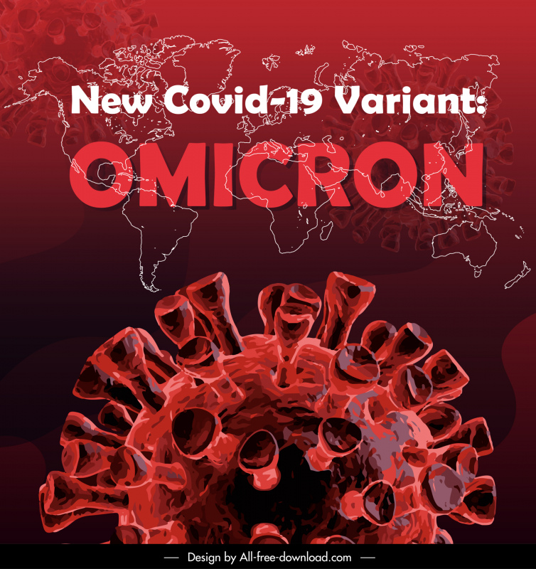 Varian COVID-19 Omicron Menyebarkan Poster Peringatan Sketsa Kontinental Virus Closeup CloseUp Gelap