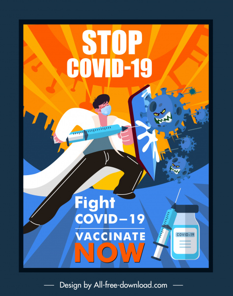 Covid19-Impfbanner Kampf gegen Arztvirus dynamische Karikatur