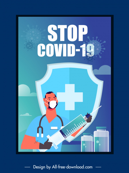 COVID19-Impfplakat Fighting Doctor Shield Vaccine Sketch