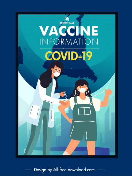 cartel de vacunación contra el COVID19 inyectando personajes de dibujos animados de sketches médicos