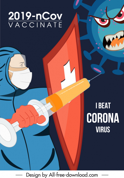 cartel de vacunación covid19 plantilla virus luchando boceto