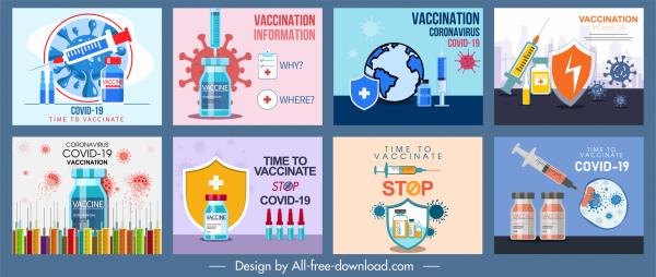 Плакаты с вакцинацией против covid19 красочные плоские медицинские символы вируса