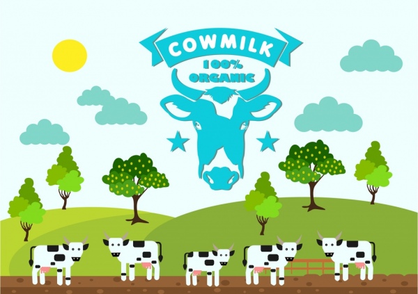 広告バナー カラフルな農地シーン飾り牛ミルク