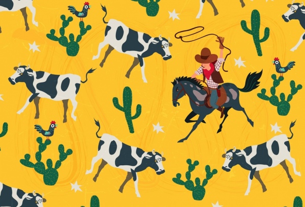 Vaquero background vacas cactus iconos repitiendo diseño