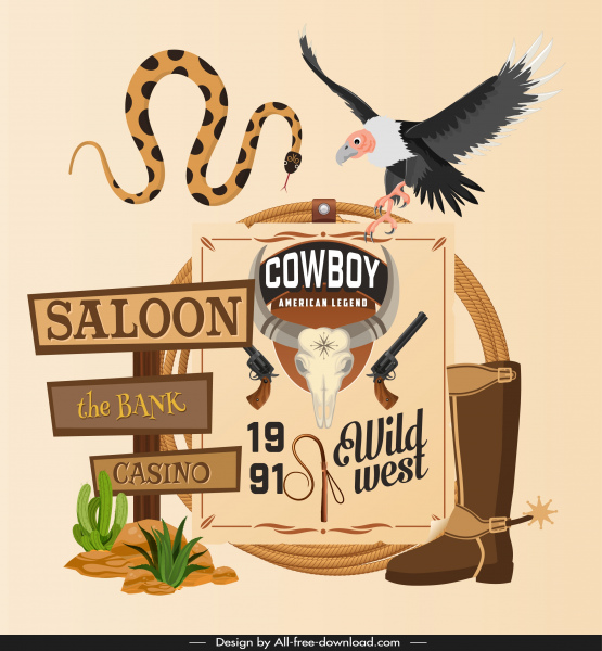 Cowboy Hintergrund Vorlage klassische Wild West Symbole Skizze