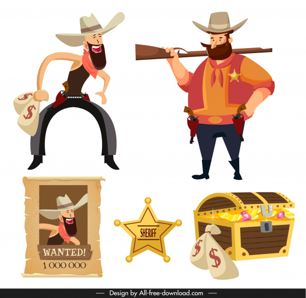 Cowboy Design Elements Cartoon Characters Vintage Objects Sketch-vector  Cartoon-free Vector Free Download