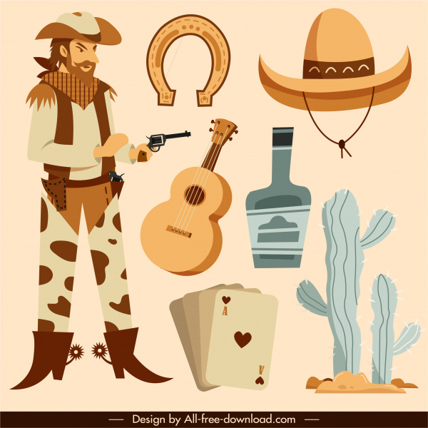 cowboy elementos de design esboço de desenho animado clássico