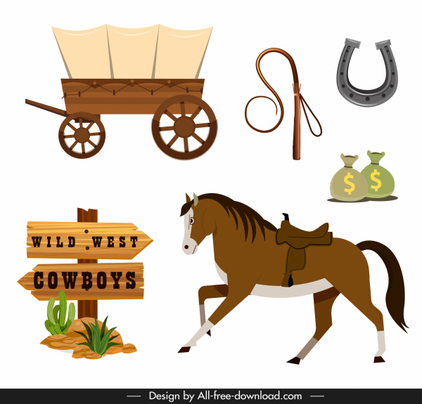 cowboy éléments de conception coloré croquis symboles classiques