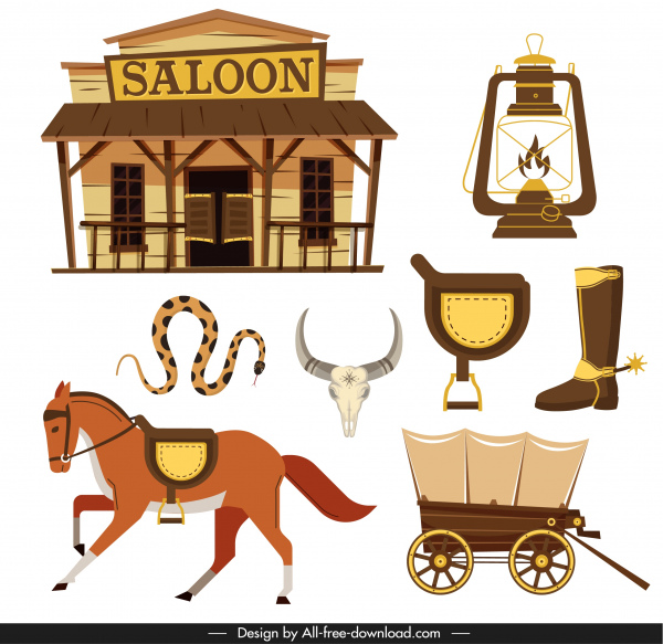 elementos de projeto cowboy plano símbolos clássicos esboço