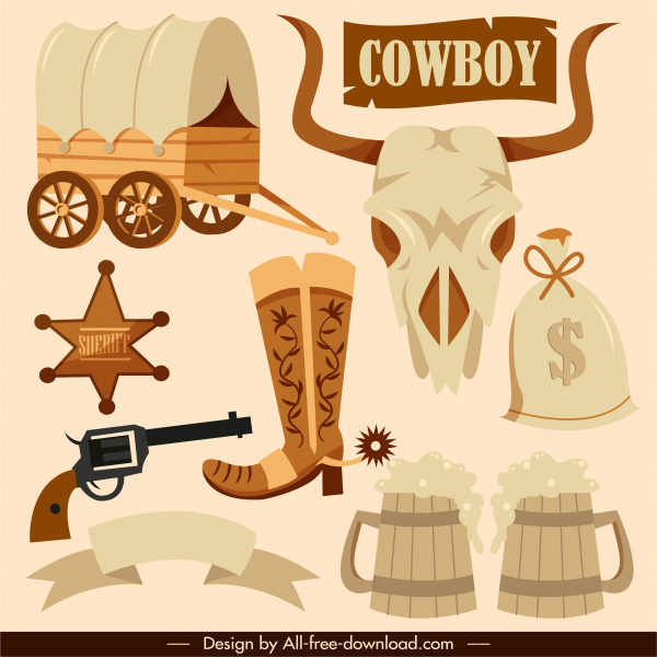 Cowboy Design Elemente retro Symbole Skizze