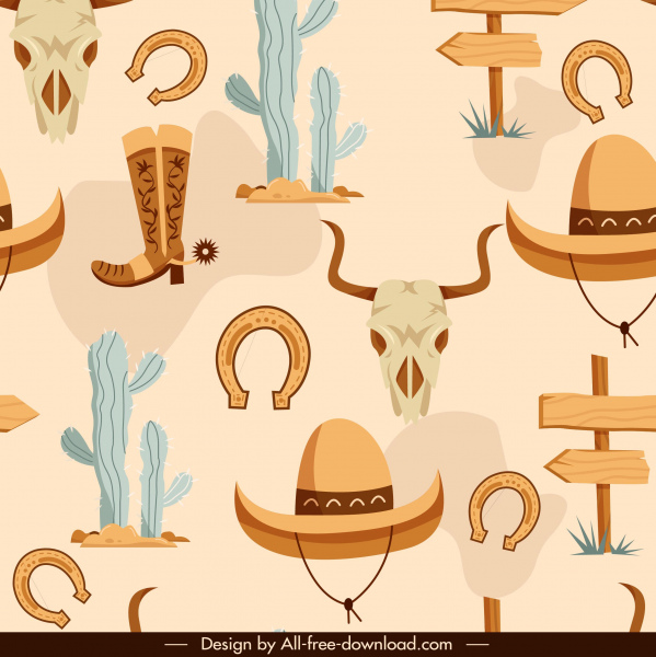Cowboy-Elemente Muster flache klassische Symbole Skizze