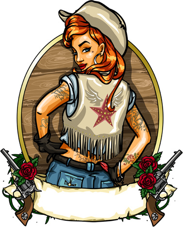 Cowboy Mädchen mit Jahrgang Etiketten Vektor