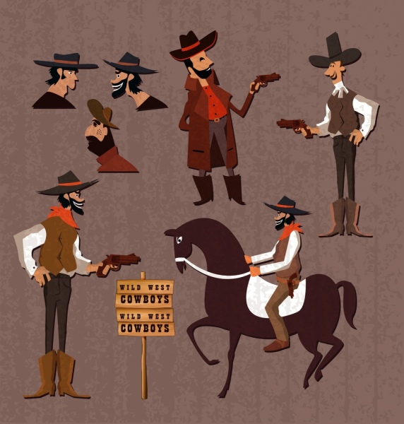 cowboy icone raccolta vari gesti di cartone