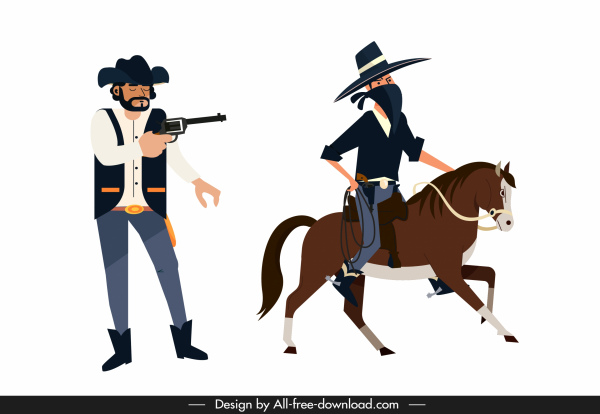 ícones cowboy xerife ladrão esboço personagens de desenho animado