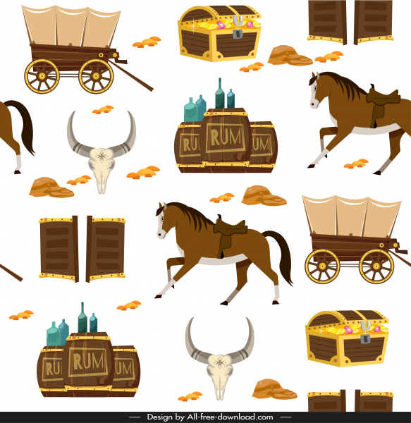 Cowboy-Muster-Vorlage retro wiederholende Symbole Skizze
