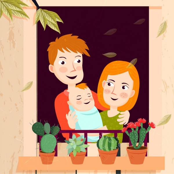 居心地の良い家族人間アイコン描画色漫画デザイン