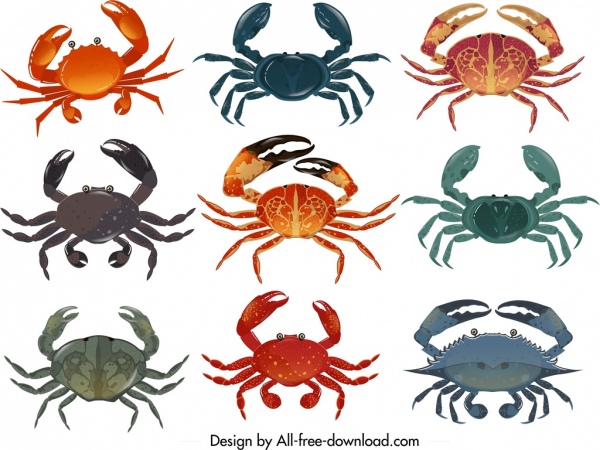 colección de íconos de cangrejo diseño multicolor