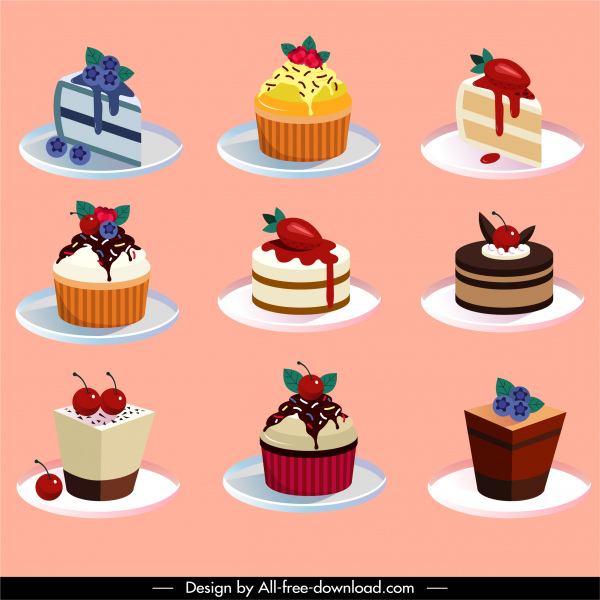 krem ciasta ikony kolorowe owocowy wystrój 3d szkic