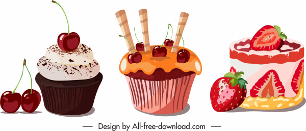 크림 케이크 아이콘 과일 장식 다채로운 디자인