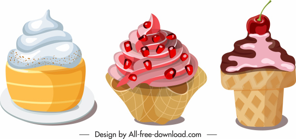 크림 디저트 아이콘 다채로운 컵 케이크 스케치