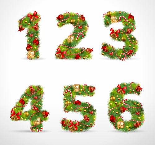 kreatif pohon Natal alfabet dan angka vector set