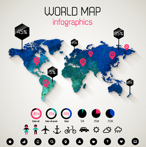 แผนที่โลกที่สร้างสรรค์และอินโฟกราฟิกส์เวกเตอร์กราฟิก