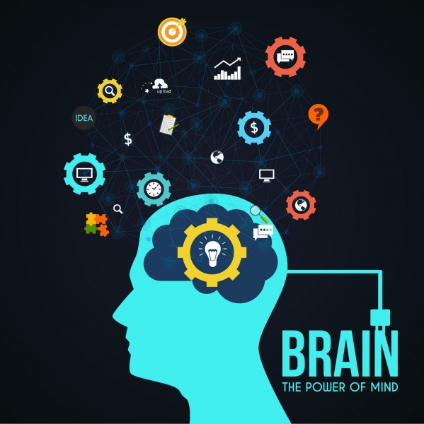 Kreativität-Konzept Kopf Lampe Gehirn Symbole Punkte Verbindung