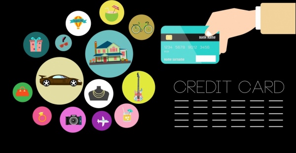 kartu kredit iklan tangan memegang kartu berbagai ikon