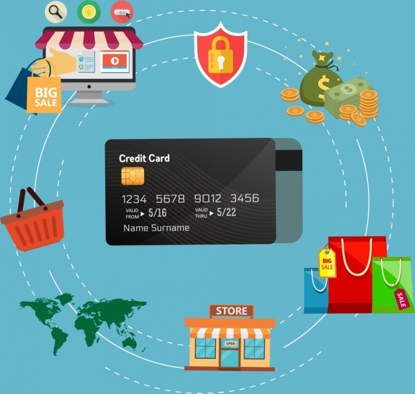 クレジットカードのために図解のオンラインショッピングのデザイン要素