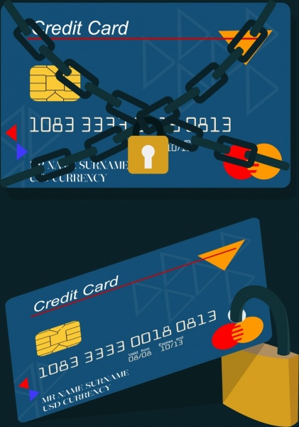 Concepto de seguridad de la tarjeta de crédito con cadenas y candados iconos
