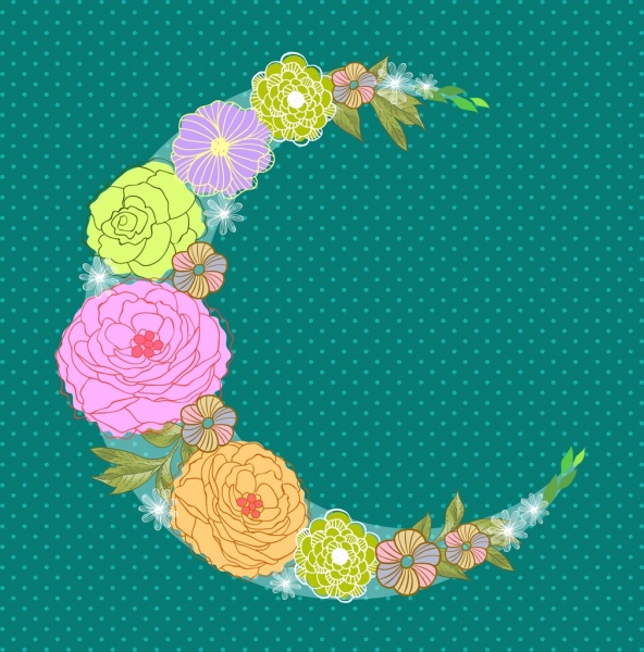 三日月アイコンのカラフルな花の装飾