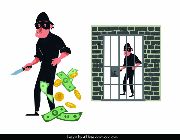 icone criminali cartone animato personaggio denaro carcere schizzo