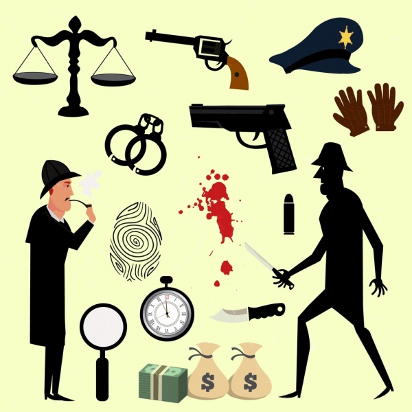 Elementos de diseño de iconos de objetos de colores en investigación criminal