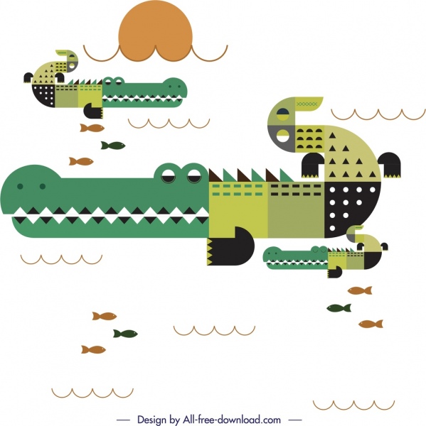animaux de crocodile peignant la conception plate classique colorée