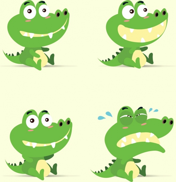 coleção de ícones emocionais de crocodilo bonita estilizada verde isolamento