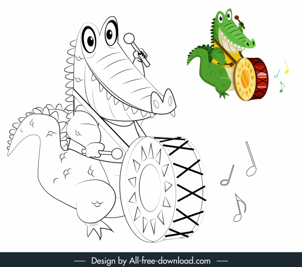 鳄鱼图标玩鼓素描手绘卡通