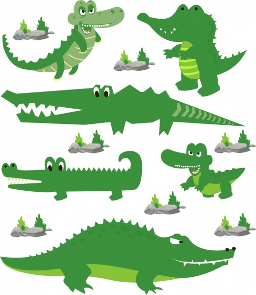 Colección de iconos de cocodrilo verde diseño estilizado