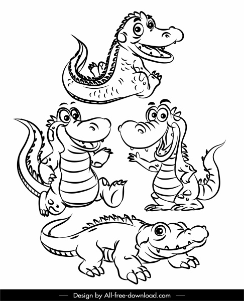 Crocodile Icons Funny Cartoon Sketch Black White Handdrawn-vector Icon-free  Vector Free Download