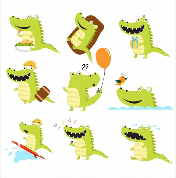 Aislamiento de diseño divertido cocodrilo verde varios estilos de iconos