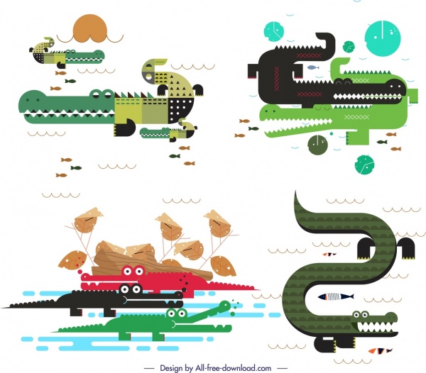 les icônes de crocodile placent l'esquisse plate classique colorée