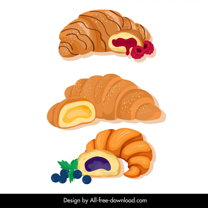 ícones croissant define esboço clássico plano